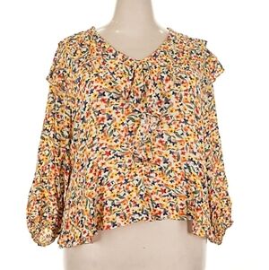 Floral Print Ruffle V-Neck Blouse - Yellow Multi